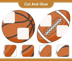 knip en plak, knip delen van basketbal, rugbybal en lijm ze. educatief kinderspel, afdrukbaar werkblad, vectorillustratie vector
