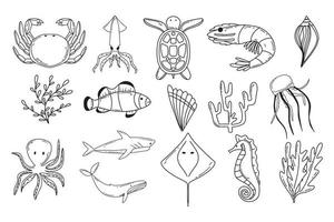 vectorillustratie van schattige zeedieren. vector set van zeedieren. dolfijn, haai, walvis, schildpad, octopus, krab, kwal. vectorillustratie. doodle stijl.