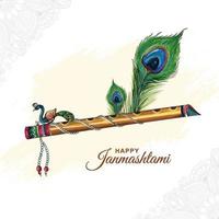 mooie heer krishna fluit en pauwenveer voor janmashtami festivalkaart achtergrond vector