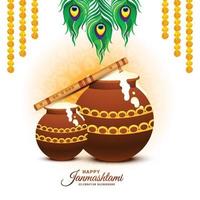 heer krishna dahi handi op de achtergrond van de gelukkige janmashtami-festivalkaart vector