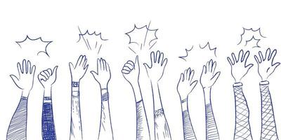 hand getrokken van handen omhoog, klappende ovatie. applaus, duim omhoog gebaar op doodle komische stijl, vectorillustratie vector
