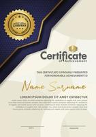 luxe verticale moderne certificaatsjabloon met blauwe en gouden stroomlijnen effect ornament op textuur patroon achtergrond, vector