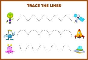 onderwijs spel voor kinderen handschrift praktijk traceren de lijnen bewegen schattig cartoon zonnestelsel alien satelliet raket ufo vector