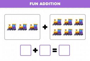 educatief spel voor kinderen leuke toevoeging door het tellen van cartoon transport trein locomotief foto's werkblad vector