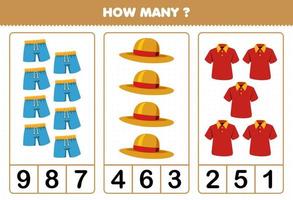 educatief spel voor kinderen tellen hoeveel cartoon draagbare kleding broek hoed poloshirt vector