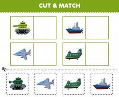 educatief spel voor kinderen knip en match dezelfde foto van schattige cartoon militaire transporttank slagschip straaljager helikopter afdrukbaar werkblad vector