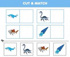 educatief spel voor kinderen snijd en match dezelfde foto van schattige cartoon prehistorische waterdinosaurus vector