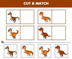 educatief spel voor kinderen snijd en match dezelfde foto van schattige cartoon prehistorische bruine dinosaurus vector