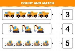 onderwijs spel voor kinderen tellen en matchen tellen het aantal cartoon zware machine transport dump truck graafmachine bulldozer en match met de juiste nummers afdrukbaar werkblad vector