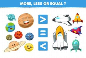 educatief spel voor kinderen min of meer gelijk aan de hoeveelheid schattige cartoon planeet en raket van het zonnestelsel vector