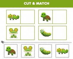 educatief spel voor kinderen knip en match dezelfde foto van schattige cartoon groene dieren leguaan schildpad kikker rups afdrukbaar werkblad vector