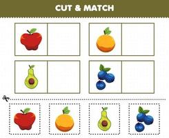 educatief spel voor kinderen knip en match dezelfde afbeelding van cartoon fruit appel sinaasappel avocado bosbes afdrukbaar werkblad vector
