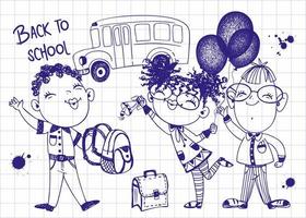 schattige kinderen schoolkinderen met ballonnen en aktetas gaan naar school. terug naar school. schoolbus. tekenen met een pen op een vel van een notebook. vector