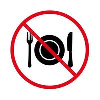 verbieden dineren mes plaat vork zilverwerk pictogram. verbod restaurant bestek diner zwart silhouet pictogram. geen bord met serviesgoed toestaan. verbieden vork mes plaat stop symbool. geïsoleerde vectorillustratie. vector