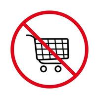 geen toegestaan winkelkarteken. trolley mand in supermarkt verbod zwart silhouet icoon. winkel detailhandel verkoop pictogram verbieden. internet markt stop symbool. verbieden om online te kopen. geïsoleerde vectorillustratie. vector