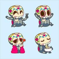 Halloween schattige suiker schedel sticker set, dia de muertos vectorillustratie vector