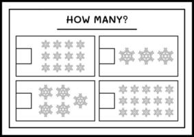 hoeveel sneeuwvlok, spel voor kinderen. vectorillustratie, afdrukbaar werkblad vector