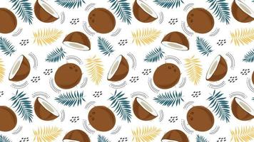 naadloze horizontale patroon met kokos, palmbladeren en abstracte elementen, op een witte achtergrond. hele kokosnoot en plak. vectorillustratie in cartoon vlakke stijl. vector