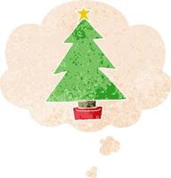 cartoon kerstboom en gedachte bel in retro getextureerde stijl vector