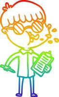 regenbooggradiënt lijntekening cartoon jongen met bril met klembord vector