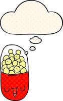 cartoon medische pil en gedachte bel in stripboekstijl vector