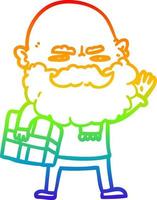 regenbooggradiënt lijntekening cartoon man met baard fronsend met kerstcadeau vector