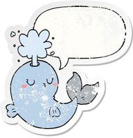 cartoon walvis spuugt water en tekstballon verontruste sticker vector