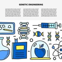 artikelsjabloon met ruimte voor tekst en doodle gekleurde genetische manipulatiepictogrammen, waaronder dna, spuit, molecuul, boek, appel in glas, kolf, tablet, formule geïsoleerd op een witte achtergrond. vector