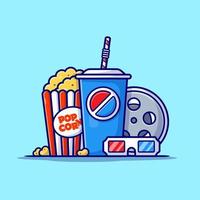 popcorn, frisdrank en roll film cartoon vector pictogram illustratie. vakantie recreatie pictogram concept geïsoleerde premium vector. platte cartoonstijl