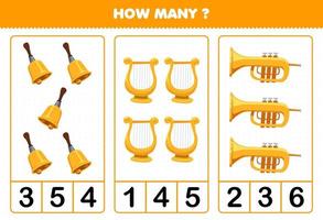 educatief spel voor kinderen tellen hoeveel cartoon muziekinstrument bel lier trompet afdrukbaar werkblad vector