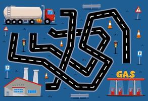 doolhof puzzelspel voor kinderen help cartoon transportvrachtwagen het juiste pad naar de fabriek of het benzinestation te vinden vector