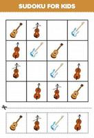 educatief spel voor kinderen sudoku voor kinderen met cartoon muziek instrument gitaar viool bas cello foto afdrukbaar werkblad vector