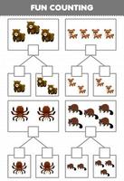 educatief spel voor kinderen leuk tellen foto in elke doos van leuke cartoon bruin dier beer hond tarantula bever afdrukbare werkblad vector