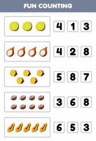 educatief spel voor kinderen leuk tellen en kiezen van het juiste aantal cartoon groenten en fruit kiwi dragon fruit yam kokosnoot papaya afdrukbaar werkblad vector
