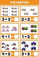educatief spel voor kinderen leuke toevoeging door te tellen en op te tellen schattige cartoon vrachtwagen transport foto's werkblad vector