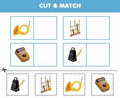 educatief spel voor kinderen snijd en match dezelfde foto van cartoon muziekinstrument trompet angklung kalimba bell