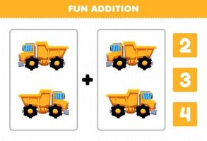 educatief spel voor kinderen leuk optellen door te tellen en het juiste antwoord te kiezen van cartoon zwaar machinetransport dumptruck afdrukbaar werkblad vector