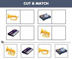 educatief spel voor kinderen snijd en match dezelfde foto van cartoon muziekinstrument draaitafel trompet synthesizer
