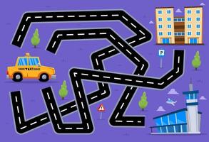 doolhof puzzelspel voor kinderen help cartoon transporttaxi het juiste pad naar het gebouw of de luchthaven te vinden vector