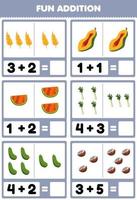 educatief spel voor kinderen leuk optellen door tellen en optellen cartoon tarwe papaya watermeloen prei komkommer kokosnoot foto's werkblad vector