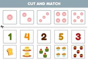 educatief spel voor kinderen knippen en matchen hetzelfde aantal cartoon voedsel toast pannenkoek cupcake afdrukbaar werkblad vector