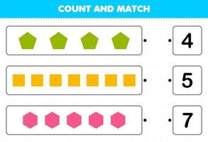 educatief spel voor kinderen tellen en matchen tel het aantal geometrische vorm vijfhoek vierkante zeshoek en match met de juiste nummers afdrukbaar werkblad vector