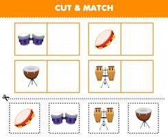 educatief spel voor kinderen snijd en match dezelfde foto van cartoon muziekinstrument drum tamboerijn bango conga vector