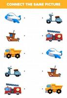 educatief spel voor kinderen sluit dezelfde foto van cartoon transport vliegtuig schip dump truck scooter brandweerwagen afdrukbaar werkblad vector