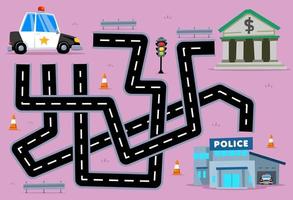 doolhofpuzzelspel voor kinderen help cartoon reddingstransport politieauto om het juiste pad naar de bank of het politiebureau te vinden vector