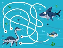 doolhof puzzelspel voor kinderen met leuke cartoon prehistorische dinosaurus plesiosaur megalodon en vis vector