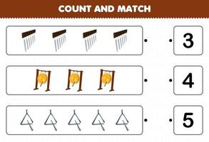 educatief spel voor kinderen tellen en matchen tel het aantal cartoon muziek instrument klokkenspel gong driehoek en match met de juiste nummers afdrukbaar werkblad vector