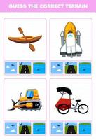 educatief spel voor kinderen raad het juiste terrein lucht land of water van cartoon transport kajak ruimteschip bulldozer pedicap afdrukbaar werkblad vector
