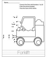 van punt naar punt kinderen puzzel werkblad cartoon tekenen bouwvoertuig. traceer en kleur educatief spel. vector