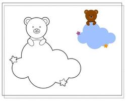 kleurboek voor kinderen. teken een schattige cartoonbeer die in de wolken slaapt op basis van de tekening. vector geïsoleerd op een witte achtergrond.